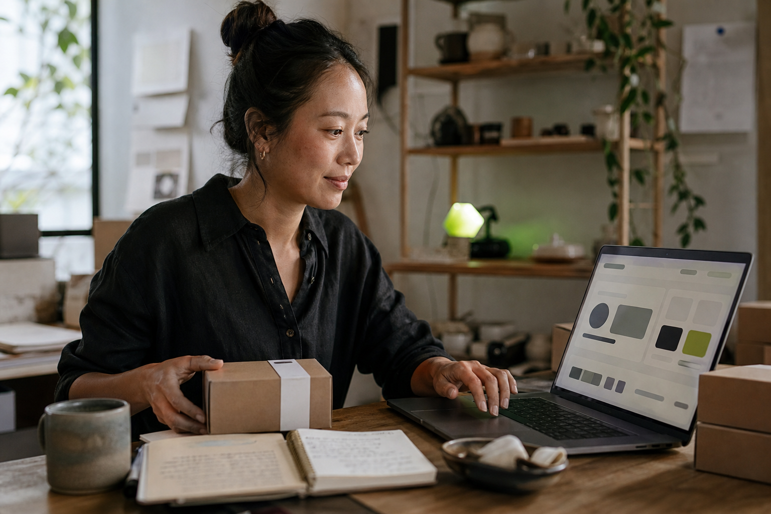 A founder reviewing her products and public business information at a desk